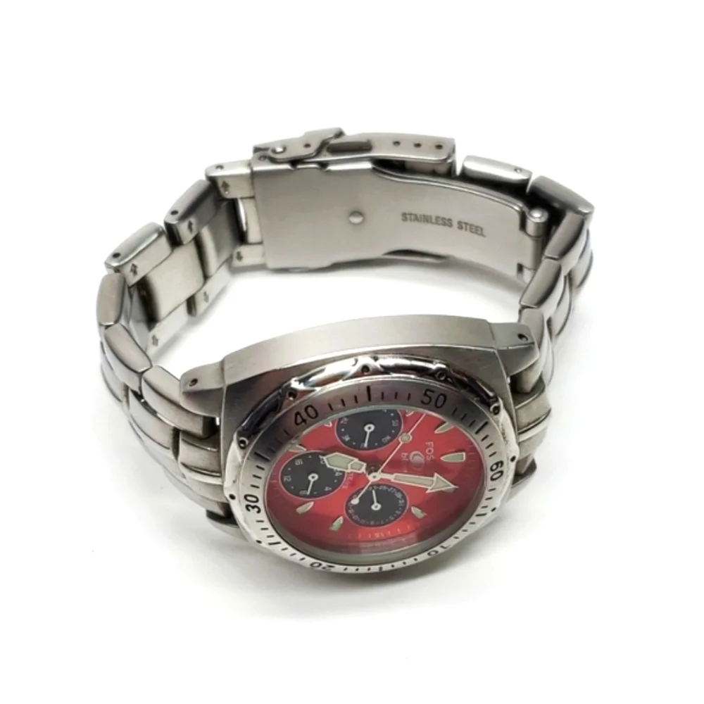 Fossil Blue Watch B9152 Silver Steel Wristband Red Face Chronograph Wat…